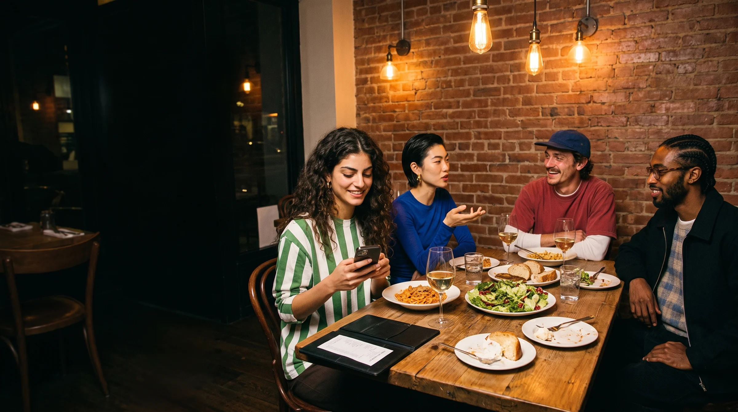 Four friends at dinner, warm light, one checking her phone next to the check.