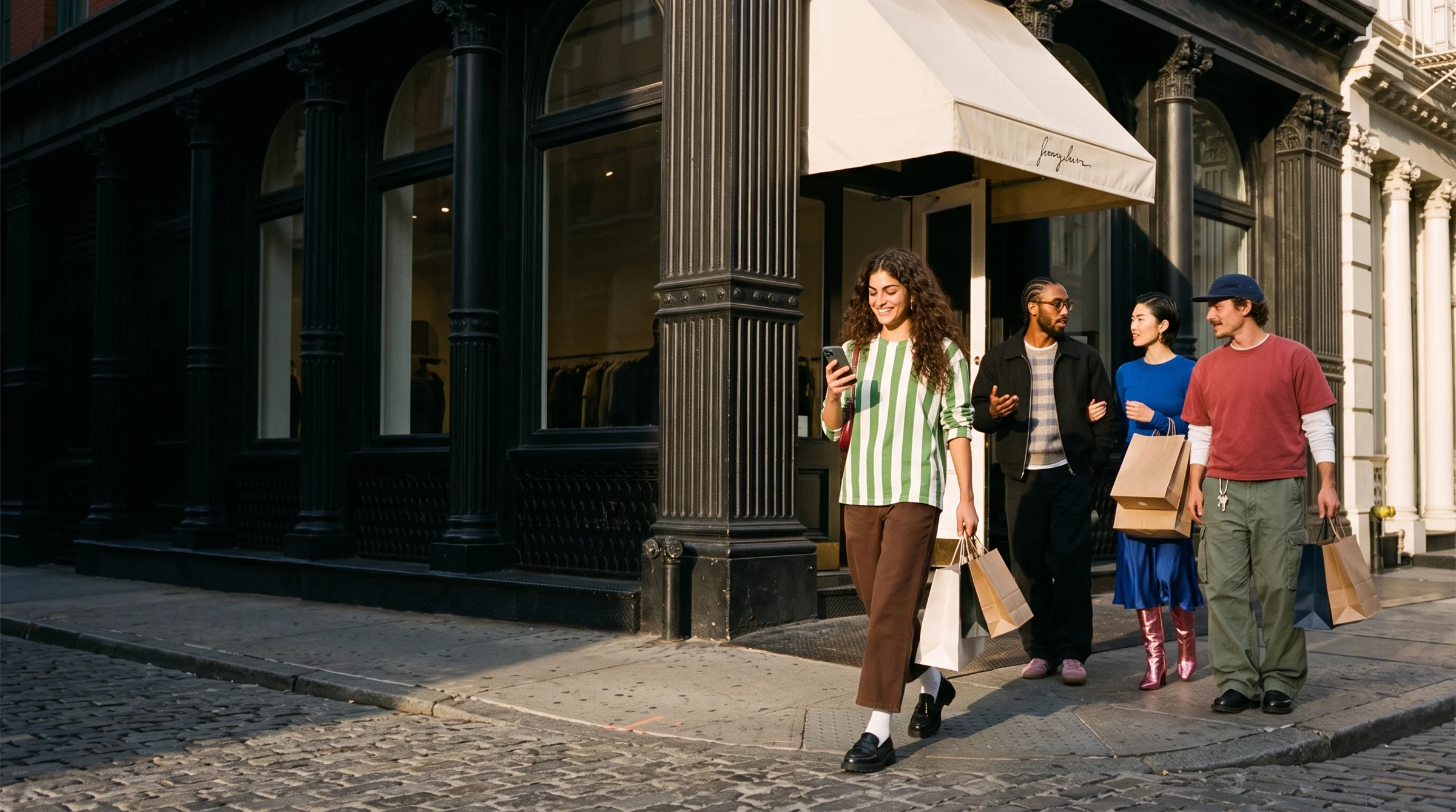 Friends outside a SoHo boutique at golden hour, one checking her phone.